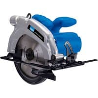 Blue and silver Draper circular saw with 185mm blade, ergonomic handle, and adjustable cutting guide.
