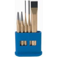 Draper Expert 5-piece chisel and punch set with gold-toned steel tools in a blue holder.