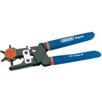 Draper Expert revolving hole punch with blue handles, black metal body, and orange rotating wheel for size selection.