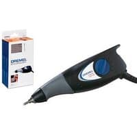 Dremel Engraver with soft grip, black and gray body, blue dial, pointed tip, includes packaging box.