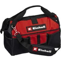 Red and black Einhell 450mm tool bag with shoulder strap, multiple pockets, and branded logo on the front.