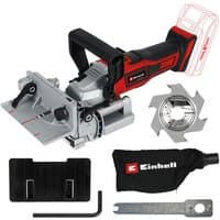 Red and black Einhell cordless biscuit jointer with silver cutting blade, dust bag, and adjustment tools.