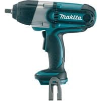 Blue Makita cordless impact wrench with black grip and 1/2 inch drive, bare unit without battery.