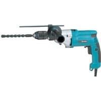 Blue Makita percussion drill with side handle, black grip, and long drill bit attached.