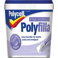 Polycell Fine Surface Polyfilla 500g tub with blue lid, smooth finish label, and spatula graphic.