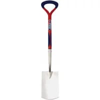 Stainless steel digging spade with red and blue handle, featuring a D-grip and Spear and Jackson branding.