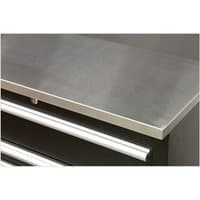 Stainless steel worktop with brushed finish, 1550mm wide, part of Sealey modular system, atop black storage unit.