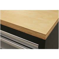 Sealey APMS50WA modular worktop, light wood finish, layered edges, atop a dark cabinet with metal drawer handles.