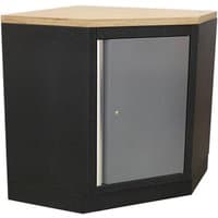 Black Sealey modular corner floor cabinet with silver door and wooden top, 865mm height.