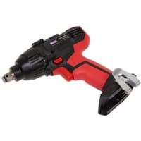 Red and black Sealey cordless impact wrench with 1/2" square drive and ergonomic grip, bare unit without battery.