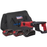 Red and black Sealey cordless reciprocating saw with two 2Ah batteries, charger, and branded black carrying bag.