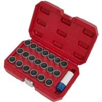 Red Sealey 21-piece locking wheel nut key set for BMW, in a sturdy red case with organized slots for each piece.