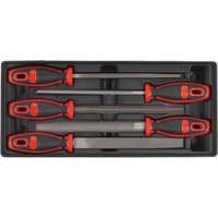 Sealey tool tray with 5 red and black engineers files, ergonomic handles, organized in a black tray.