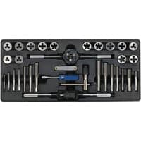 Sealey tool tray with 33-piece tap and die set, featuring various metal taps and dies in a black organizer tray.