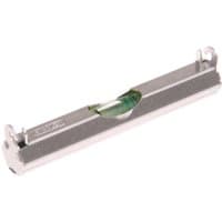 Gray Stanley 80mm line level with a central green bubble vial and metal hooks on each end.