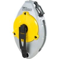 Gray and yellow Stanley FatMax chalk line reel with black handle and clip.