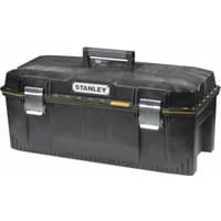 Black Stanley Fatmax 28In waterproof toolbox with metal latches and sturdy handle.