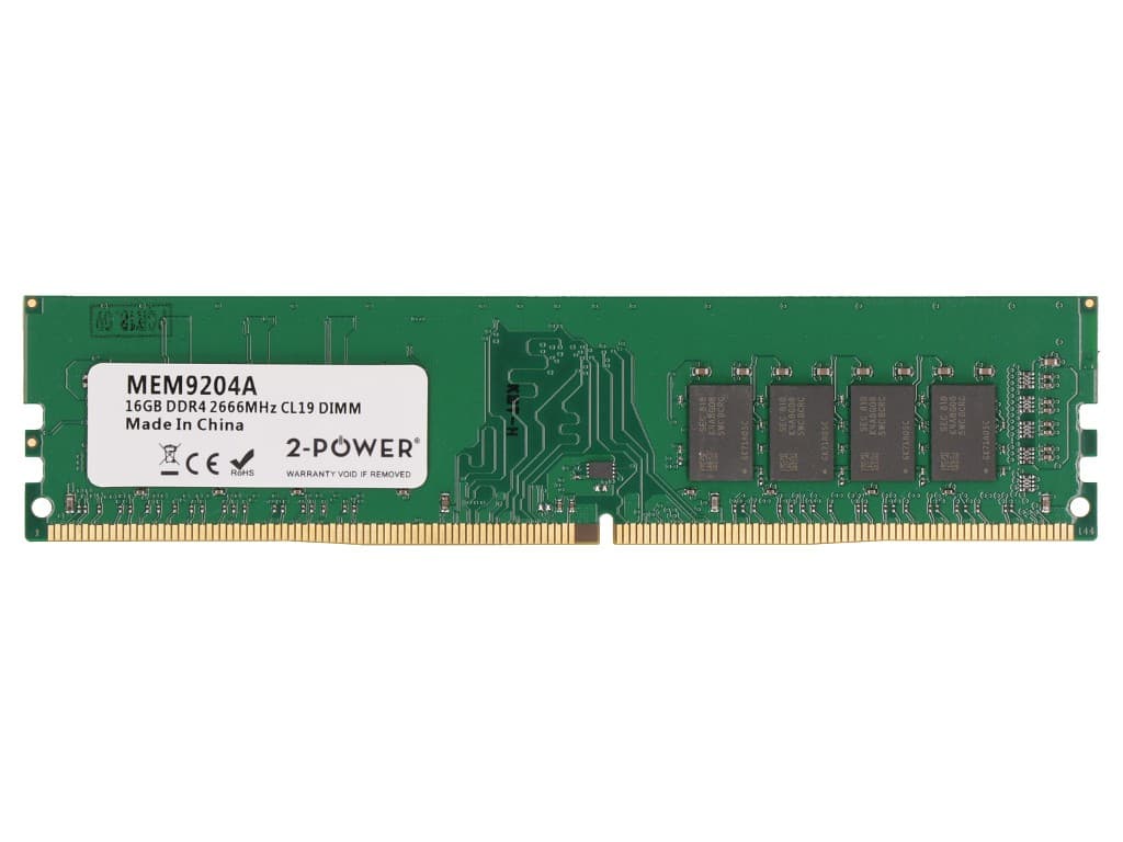 Green printed circuit board with a gold edge connector, featuring eight black memory chips, labeled with "2-Power" and "16GB DDR4 2666MHz CL19 DIMM."