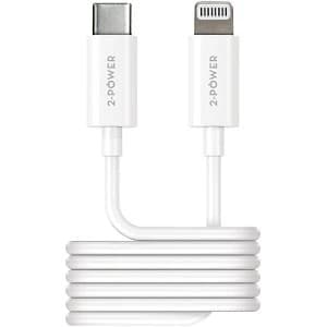 White 2-Power 2PUC1M03W mobile device charger featuring a USB-C connector and a Lightning connector, coiled for easy storage.
