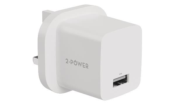 White 2-Power USB PD mains charger with a compact design, featuring one USB-A port and a power output of 12W, ideal for charging devices efficiently.