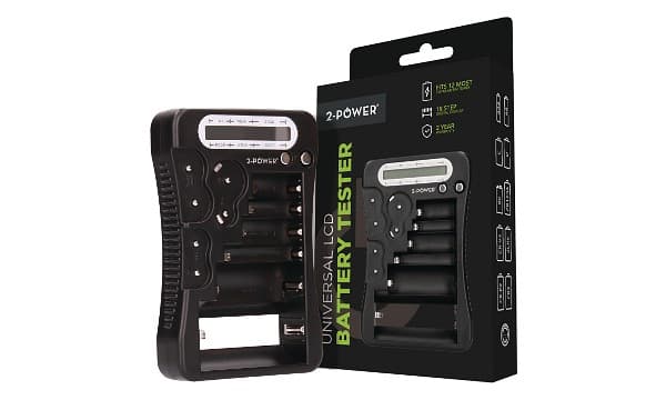 Black plastic battery tester with an LCD display, featuring multiple slots for different battery sizes, alongside its packaging showing the brand and product name.
