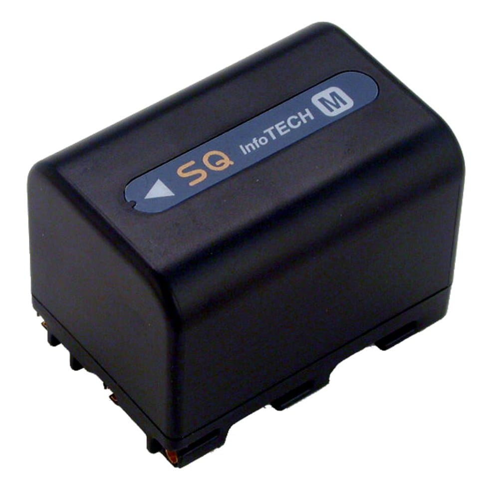 Black camcorder battery with a smooth plastic finish, featuring a blue label with "SQ InfoTECH M" and specifications, designed for 7.2v and 2800mAh performance.