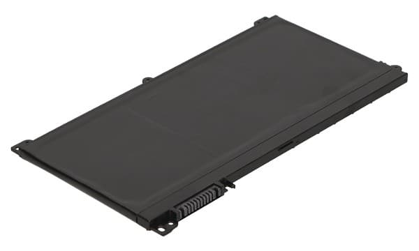 Black rectangular laptop battery with a smooth plastic finish, featuring a connector on one side and multiple screw holes for secure attachment.