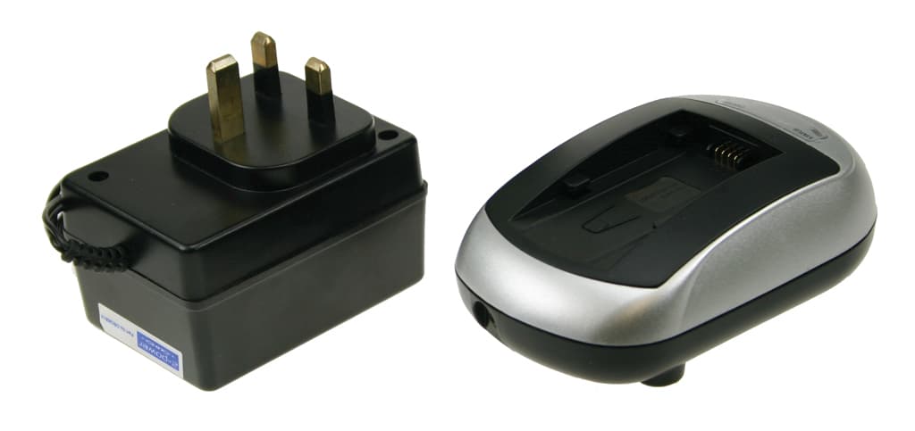 Black and silver 2-Power DBC9051A battery charger with a compact design, featuring a slot for the battery and a detachable UK plug adapter.