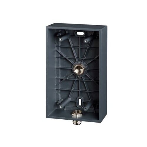 Gray mounting kit with a textured surface, featuring a central brass connector, multiple mounting holes, and a sturdy plastic construction for durability.