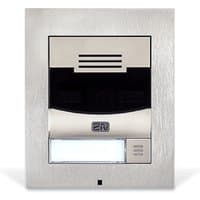 Satin steel 2N video intercom system with camera, speaker, and button panel in a rectangular frame.
