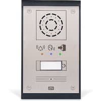 Black and silver 2N IP Uni intercom with speaker, button, and LED indicators on a rectangular panel.