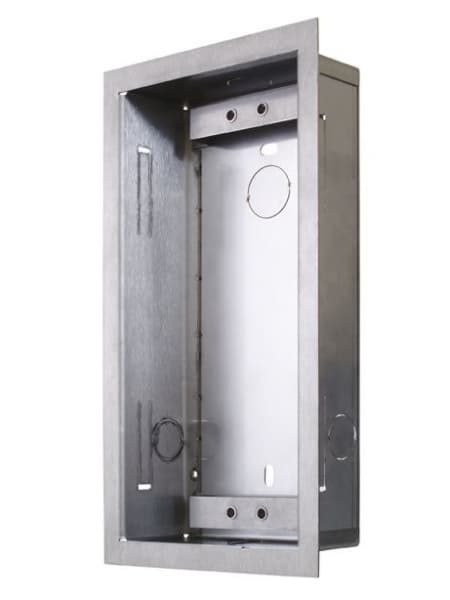 Silver metal mounting kit with a rectangular shape, featuring multiple holes for installation and a smooth, brushed finish.