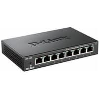 Black D-Link 8-port 10/100 desktop switch with metal housing and front-facing Ethernet ports.