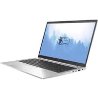 Silver HP EliteBook 840 G8 laptop, 14" FHD display, black keyboard, slim design, open to a scenic wallpaper.
