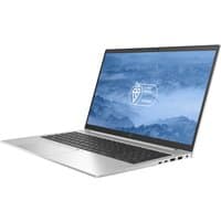 Silver HP EliteBook 850 G7 laptop, 15" screen, black keyboard, slim design, multiple ports on the side.
