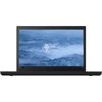 Black Lenovo ThinkPad T480 laptop with 14-inch screen displaying a blue abstract background.