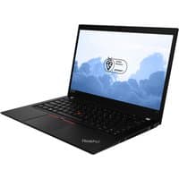 Lenovo ThinkPad T490 laptop, black, 14" display, Intel i5 8th Gen, 8GB RAM, 256GB SSD, open with visible keyboard.