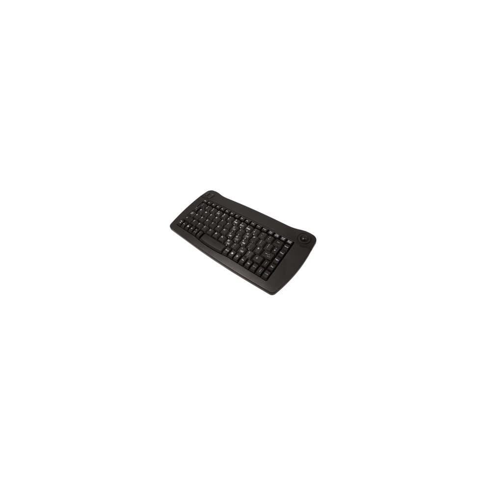 Compact black wired USB mini keyboard with QWERTY layout, featuring a sleek design and standard key arrangement, ideal for space-saving setups.