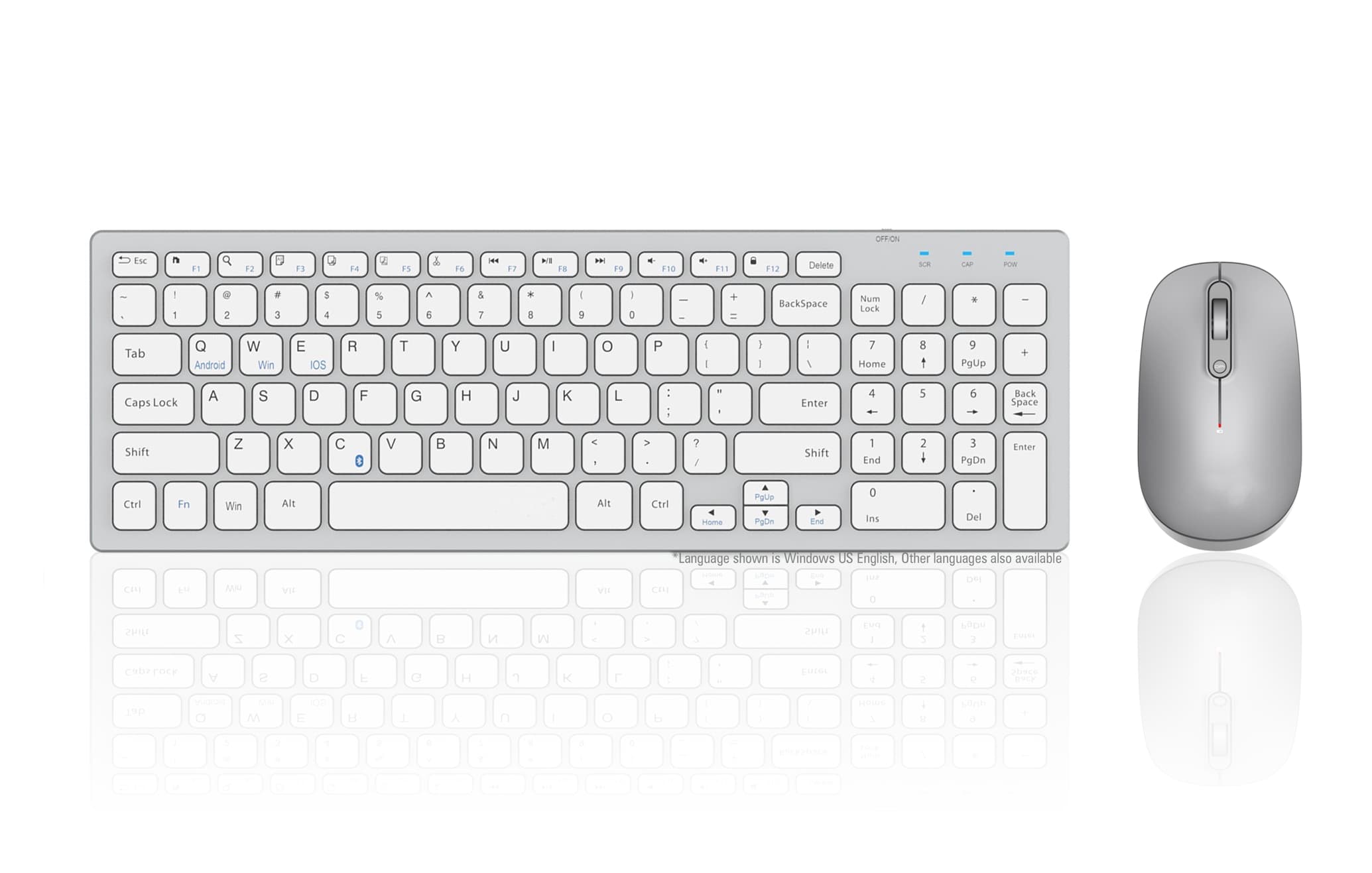 White wireless keyboard with a sleek design, featuring low-profile keys and a compact layout, accompanied by a matching gray wireless mouse.