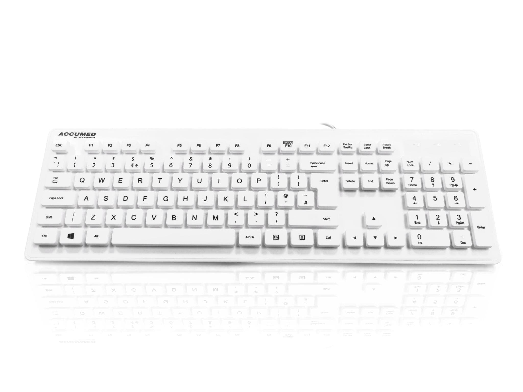 White USB QWERTY keyboard with UK English layout, featuring large, easy-to-read keys, a smooth plastic finish, and a medical design suitable for healthcare environments.