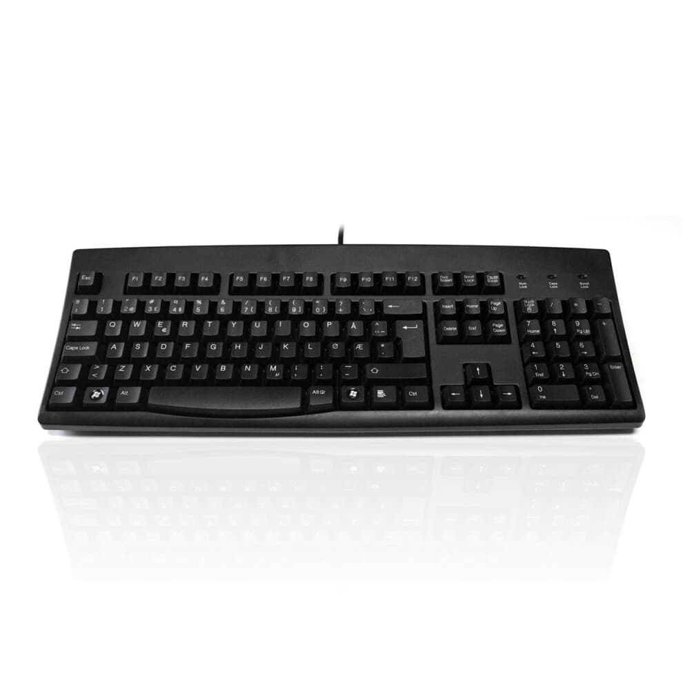 Black USB keyboard with Norwegian layout, featuring standard keys, a numeric keypad, and a sleek, minimalist design.