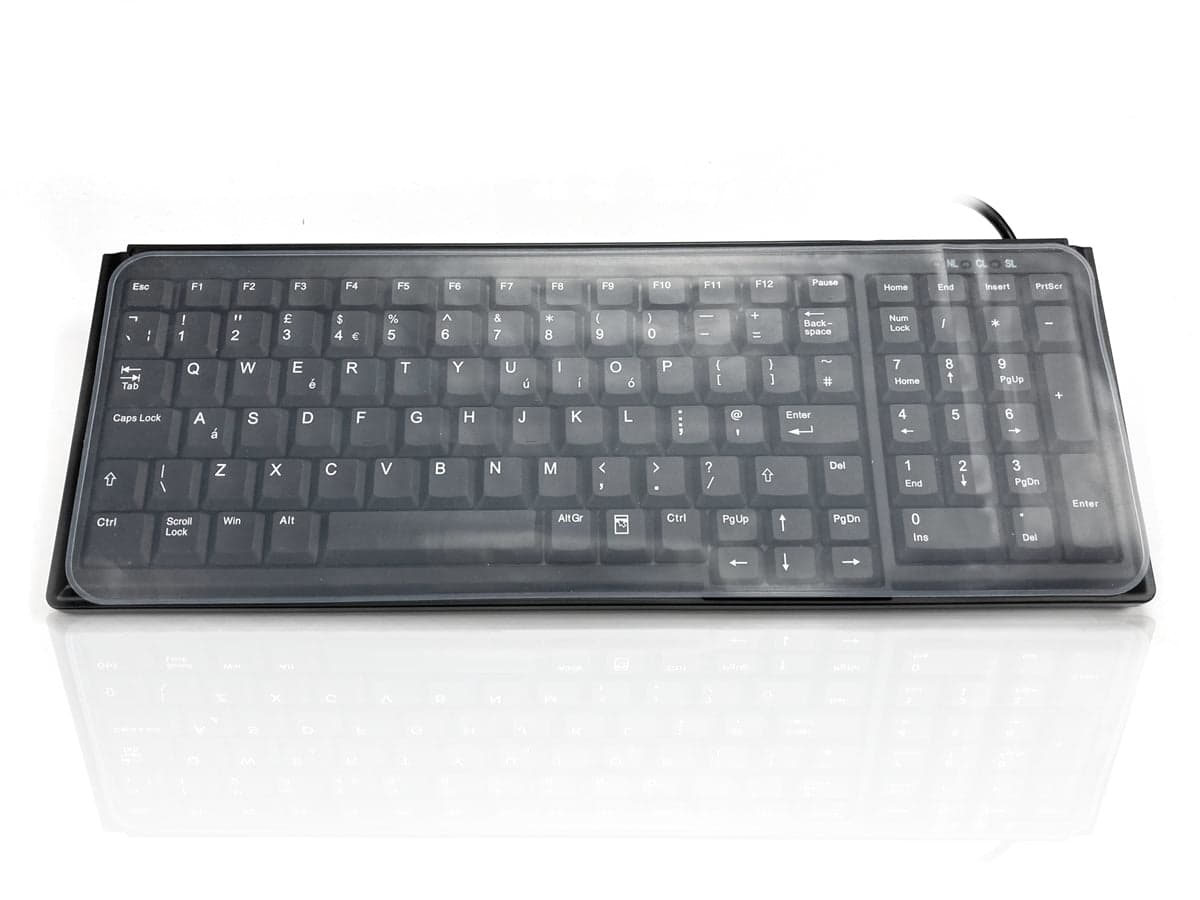 Transparent silicone keyboard cover with a black base, designed for the Accuratus SEE-UNI-37X14-5, featuring a full set of keys and a slim profile for protection against dust and spills.