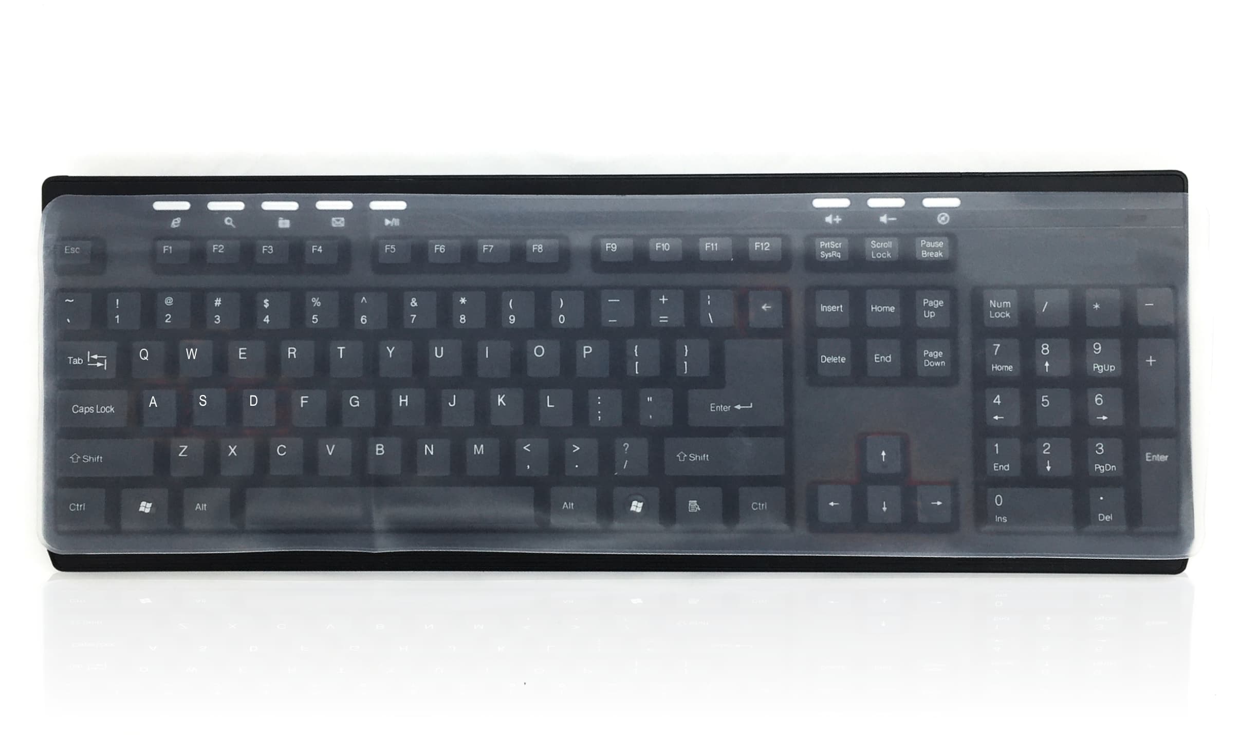 Transparent silicone keyboard cover designed for the Accuratus SEE-UNI-45X14-5, featuring a black keyboard layout with white and red key legends.