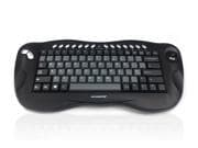 Wireless black multimedia keyboard featuring an optical trackball, ergonomic design, and compact layout with multimedia function keys.