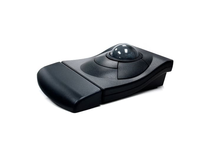 Black ambidextrous USB trackball mouse with a smooth, domed trackball and contoured body for comfort, featuring a textured surface for grip.
