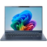 Sleek Acer Aspire 14 laptop with thin bezels, dark gray finish, and vibrant display showing colorful abstract design.