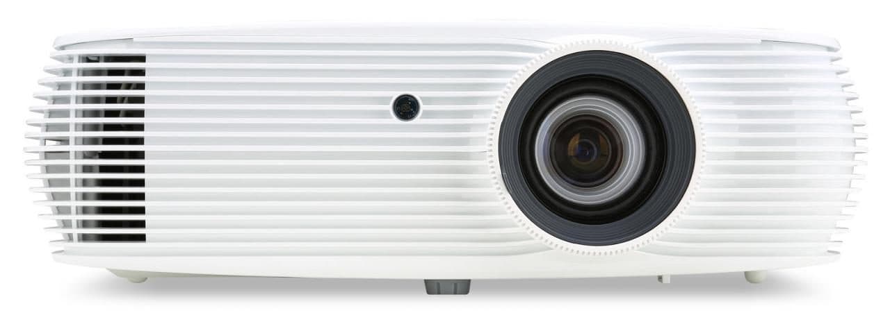 White Acer P1157i projector with a sleek design, featuring horizontal grooves, a prominent lens, and a small control button on the side, offering 4500 ANSI lumens brightness.