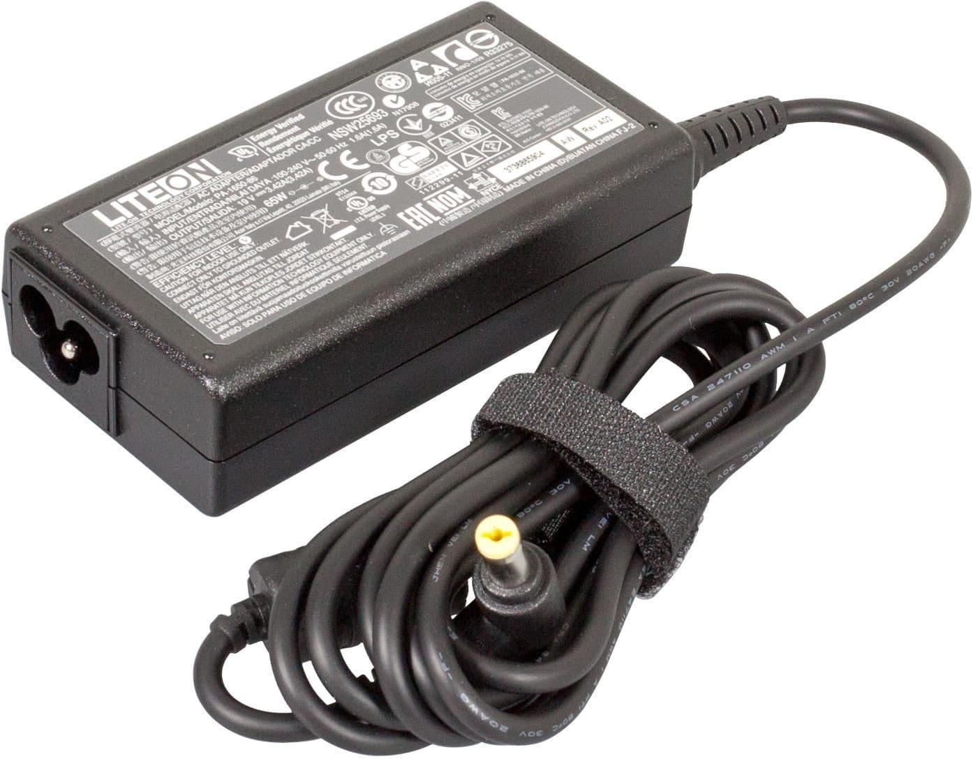 Black rectangular power adapter with a textured surface, featuring a 65W output, 19V input, and a three-prong connector, accompanied by a coiled power cable.