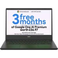 Acer Chromebook 314 with Intel Celeron, 14" screen, black keyboard, promotional Google One offer displayed on screen.