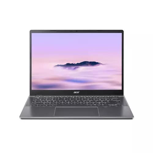 Acer Chromebook Plus 514 features a sleek silver chassis, a 14" WUXGA display, Intel Core i5 processor, 16GB RAM, and 256GB storage, with a minimalist design and backlit keyboard.